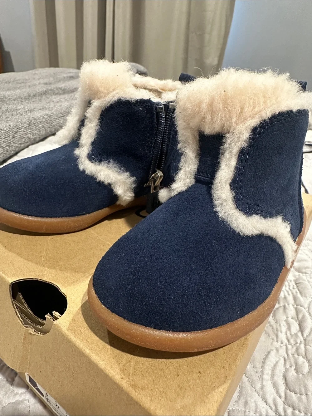 UGG Kids Navy Suede Shearling-Trim Booties